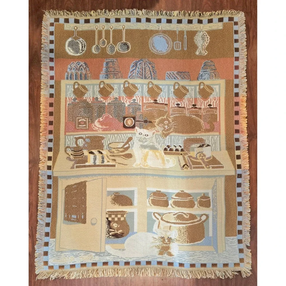 Vtg Goodwin Weavers Tapestry Throw Blanket 'Cats All Over My Kitchen' 44x59